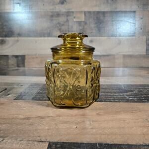 Vintage 6 Panel Lided Amber Glass Candy Jar-Canister Atterbury Scroll